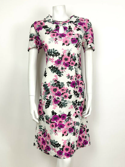 VINTAGE 60s 70s WHITE PINK PURPLE GREY BLACK FLORAL ROSE SHIFT DRESS 14 16