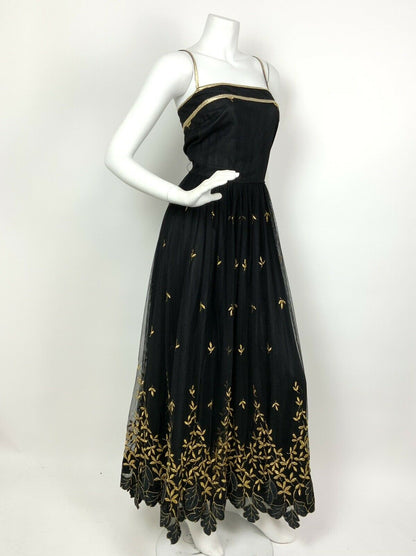 VINTAGE 60s 70s BLACK GOLD EMBROIDERED LEAF STUDIO 54 STRAPPY MESH MAXI DRESS 8