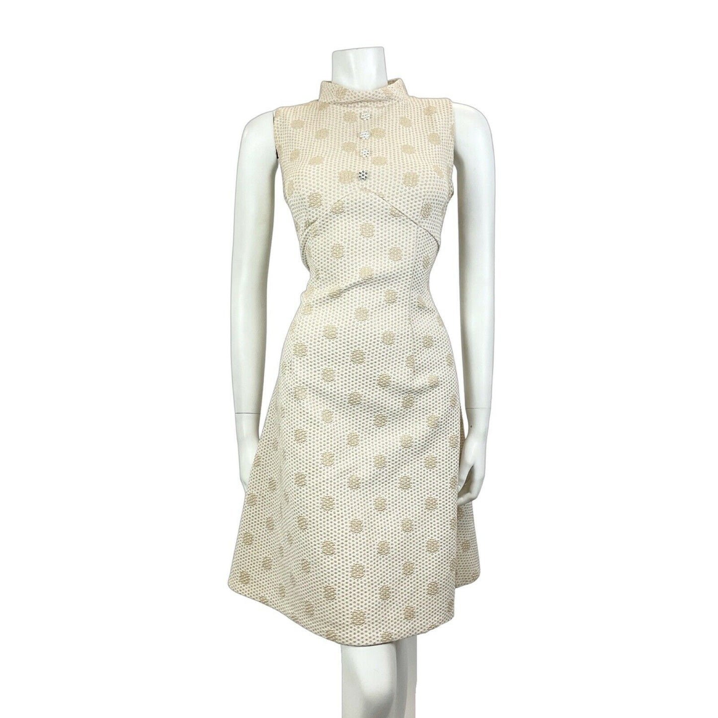 VINTAGE 60s 70s CREAM GOLD LUREX POLKA-DOT PARTY DISCO STUDIO 54 MOD DRESS 10 12