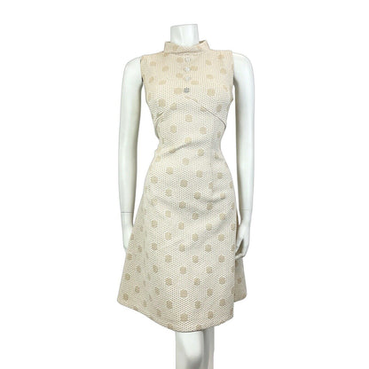 VINTAGE 60s 70s CREAM GOLD LUREX POLKA-DOT PARTY DISCO STUDIO 54 MOD DRESS 10 12