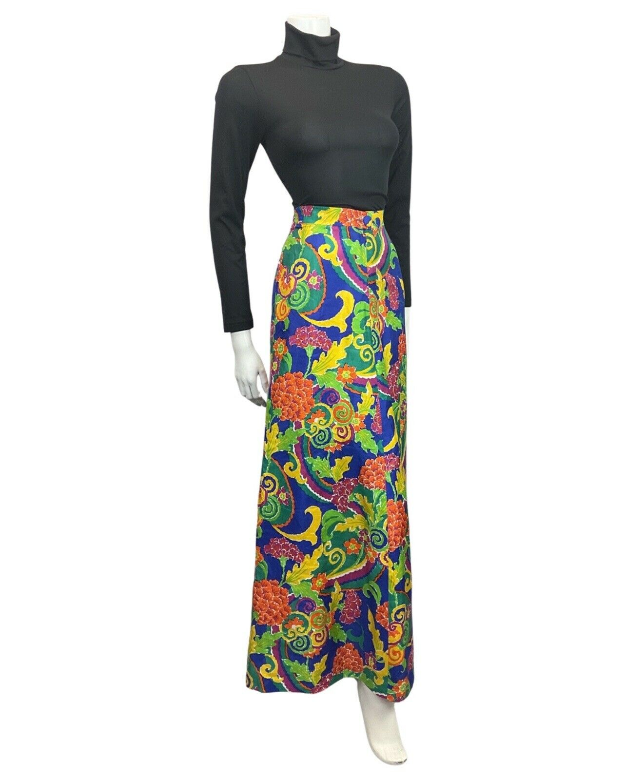 VINTAGE 60s 70s BLUE GREEN YELLOW PSYCHEDELIC FLORAL SWIRL MOD MAXI SKIRT 10