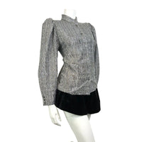 VINTAGE 60s 70s SILVER BLACK LUREX SPARKLE DISCO PARTY MANDARIN BLOUSE TOP 14 16