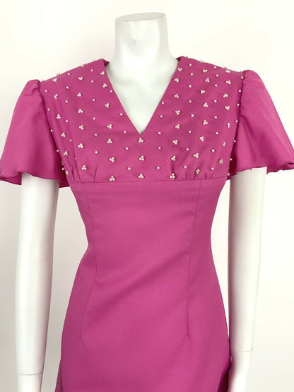 VTG 60s 70s FUCHSIA PINK EMPIRE LINE PEARL EMBELLISHMENT FLUTTER SLEEVE DRESS 8