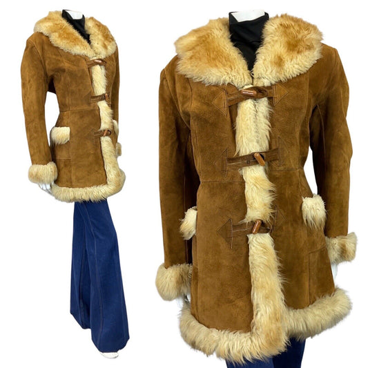 VINTAGE 60s 70s TOFFEE BROWN CREAM SUEDE BOHO PENNY LANE SHEARLING COAT 14 16