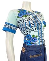 VTG 60s 70s BLUE PURPLE BLACK CELTIC KNOT FLORAL SHORT SLEEVE BLOUSE TOP 12 14