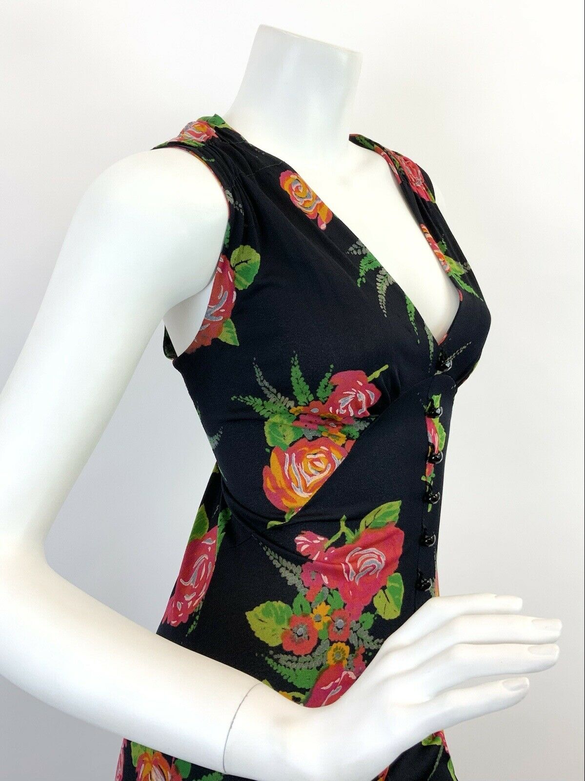 VINTAGE 60s 70s BLACK RED GREEN FLORAL ROSE BOUQUET SLEEVELESS MAXI DRESS 10 12