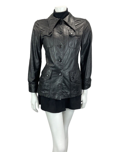 VINTAGE 60s 70s BETTY BARCLAY BLACK LEATHER DAGGAR COLLAR LEATHER MOD JACKET 8