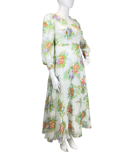 VINTAGE 60s 70s WHITE GREEN ORANGE FLORAL BOUQUET SHEER PRARIE MAXI DRESS 14 16