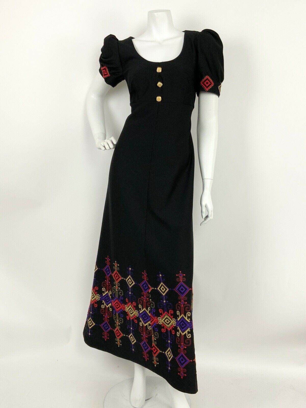 VTG 60s 70s BLACK PURPLE PINK GOLD AZTEC GEOMETRIC PUFF SLEEVE MAXI DRESS 12