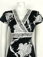 VINTAGE 60s 70s BLACK WHITE FLORAL GRECIAN PAISLEY WRAP DRESS 12 14