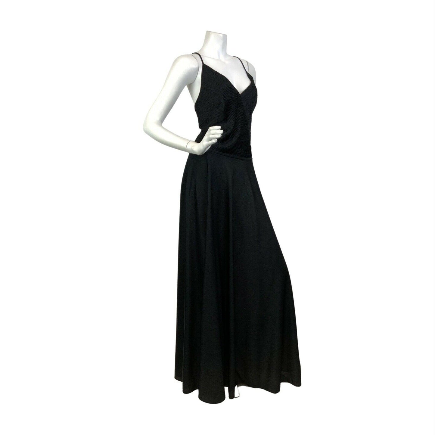 VINTAGE 60s 70s BLACK PLUNGING PLEATED SPAGHETTI-STRAP ELEGANT MAXI DRESS 10 12