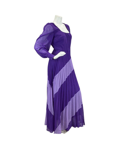 VINTAGE 60s 70s PURPLE LILAC PLEATED SHEER SLEEVE DISCO BOHO FOLK  MAXI DRESS 8