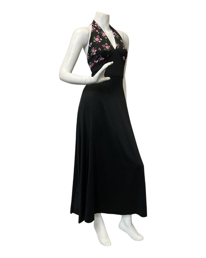 VINTAGE 60s 70s BLACK PINK GREEN FLOWER DAISY ROSE MOD HALTER MAXI DRESS 10