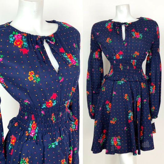 VTG 60s 70s BLUE ORANGE PINK FLORAL POLKA DOT PEPLUM RUCHED BOHO FOLK DRESS 8 10