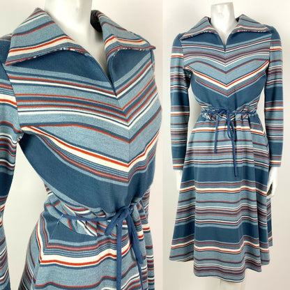 VINTAGE 60s 70s BLUE WHITE RED STRIPED WING COLLAR BELTED WOOL SWING DRESS 12