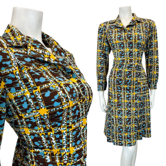 VINTAGE 60s 70s BROWN BLUE YELLOW GEOMETRIC CHECKED MOD SHIRT DRESS 14 16