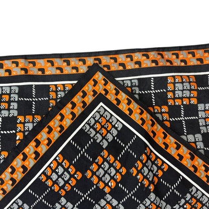 VINTAGE 60s 70s ORANGE BLACK GREY CHECKED GEOMETRIC ABSTRACT MOD PSYCH SCARF