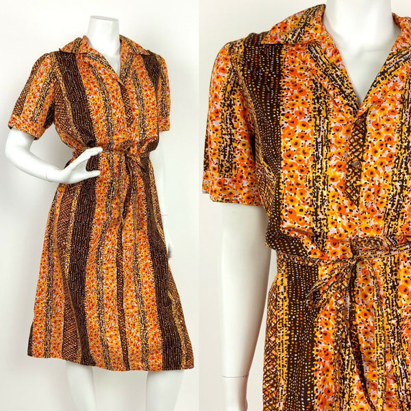 VINTAGE 60s 70s BROWN YELLOW ORANGE LILAC ABSTRACT STRIPED SHIRT DRESS 10 12 14