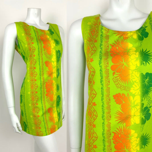 VTG 60s 70s LIME GREEN NEON ORANGE YELLOW FLORAL TROPICAL HAWAIIAN DRESS 10 12