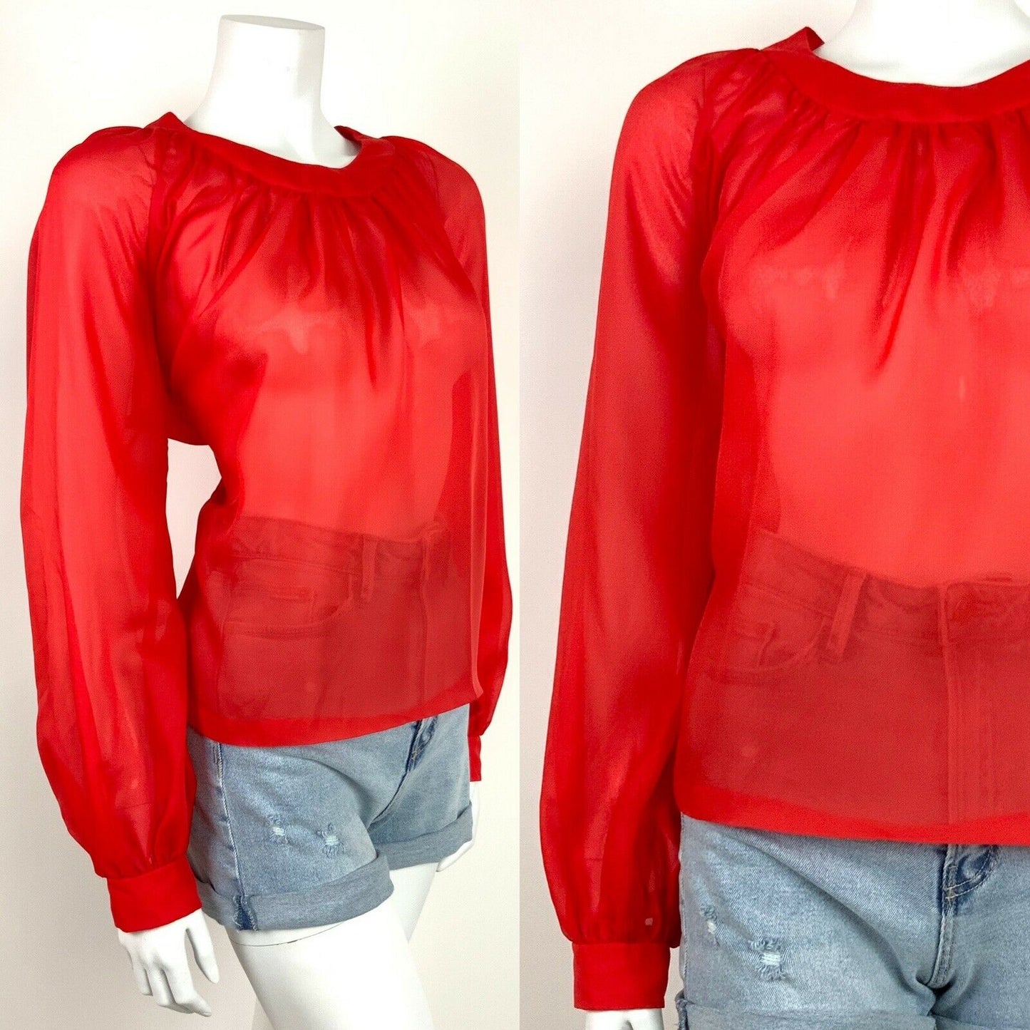 VINTAGE 70s ETHNIC PEASANT RED TOP BLOUSE SHEER RED 12 14 16