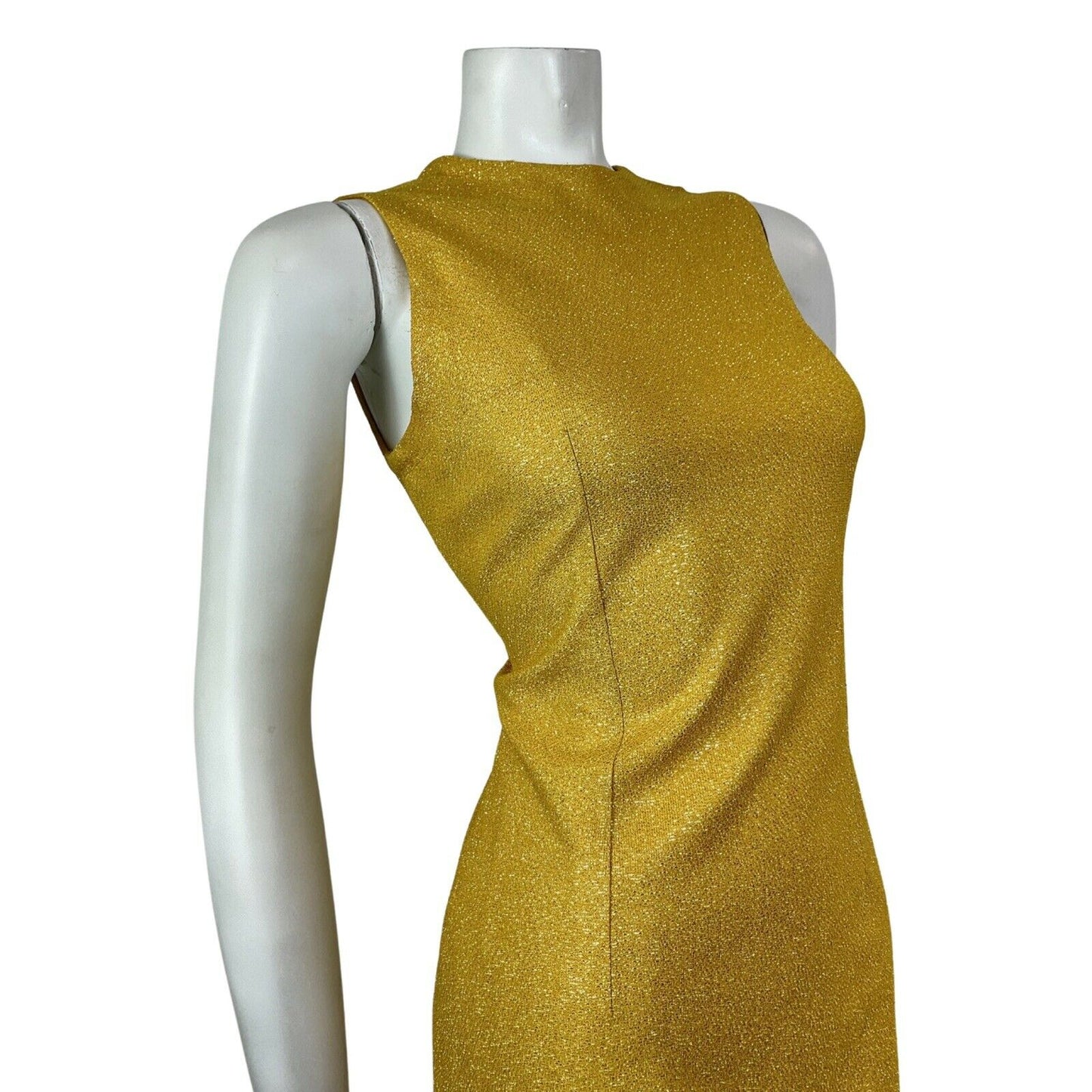 VINTAGE 60s 70s GOLD YELLOW GLITTER LUREX DISCO GLAM PARTY SLEEVELESS DRESS 10