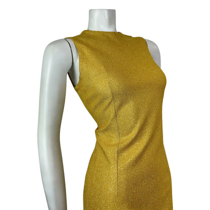 VINTAGE 60s 70s GOLD YELLOW GLITTER LUREX DISCO GLAM PARTY SLEEVELESS DRESS 10