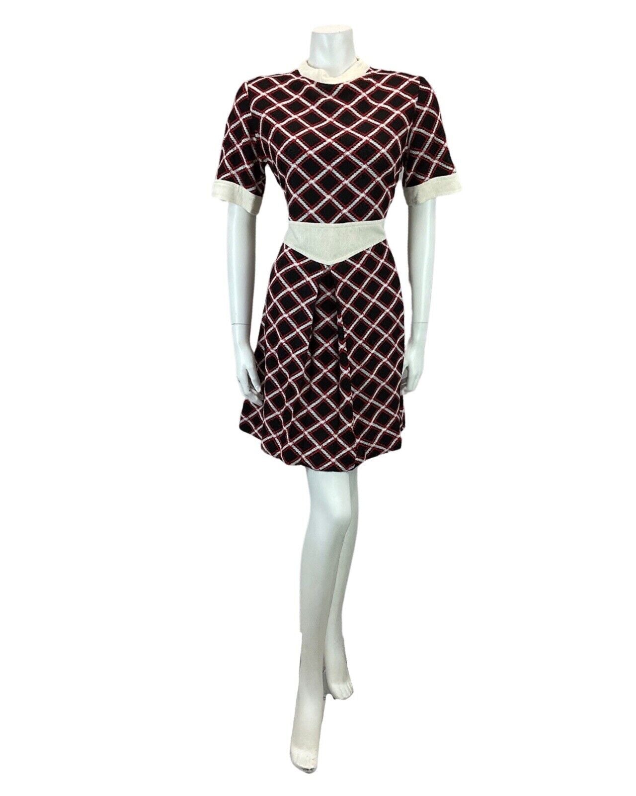 VINTAGE 60s 70s BLACK WHITE RED CHECKED WOOL MINI MOD BOHO DRESS 14