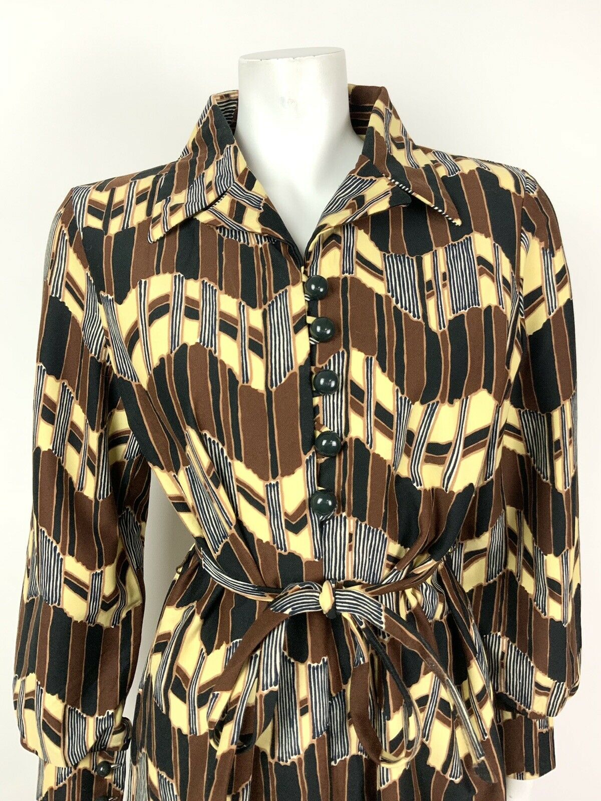 VINTAGE 60s 70s BROWN YELLOW BLACK ZIG-ZAG GEOMETROC BELTED SHIRT DRESS 12 14 16