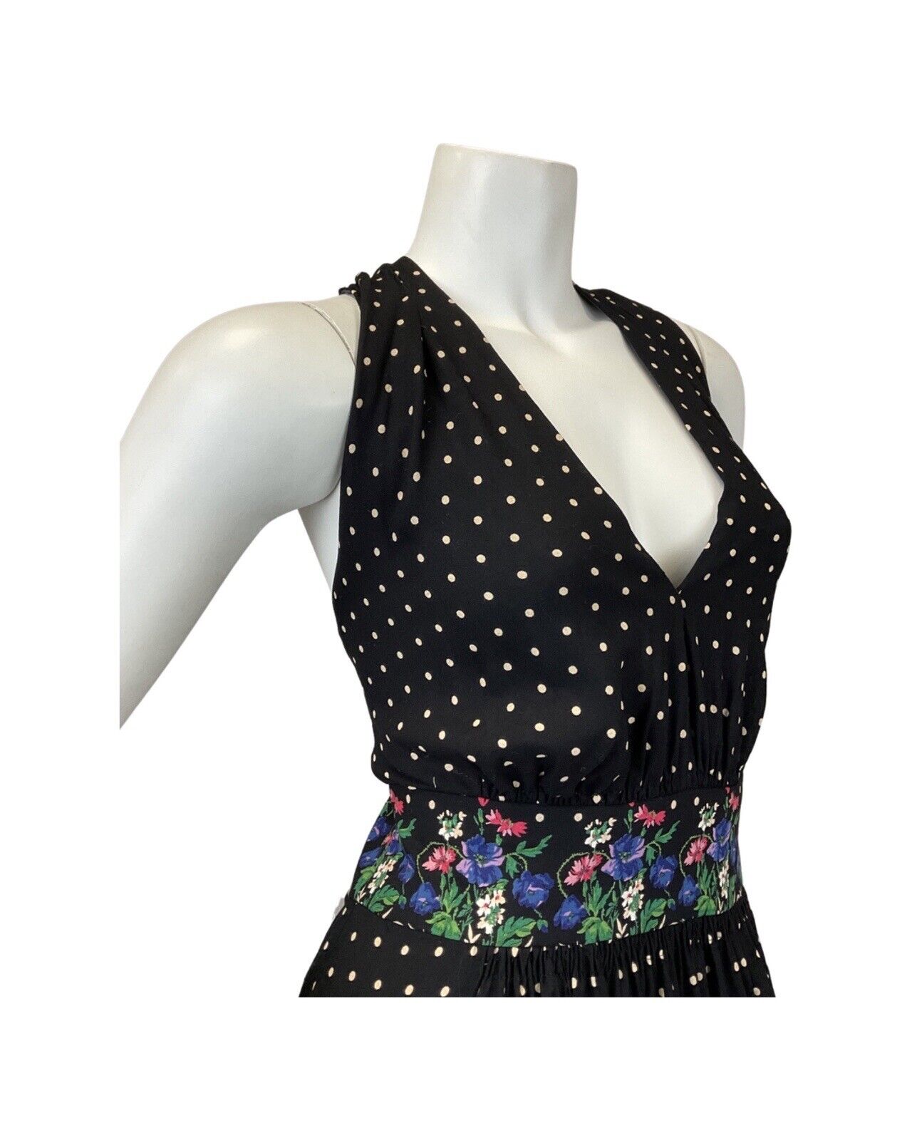 VINTAGE 60s 70s BLACK WHITE BLUE FLORAL POLKA-DOT SUMMER HALTER MAXI DRESS 10