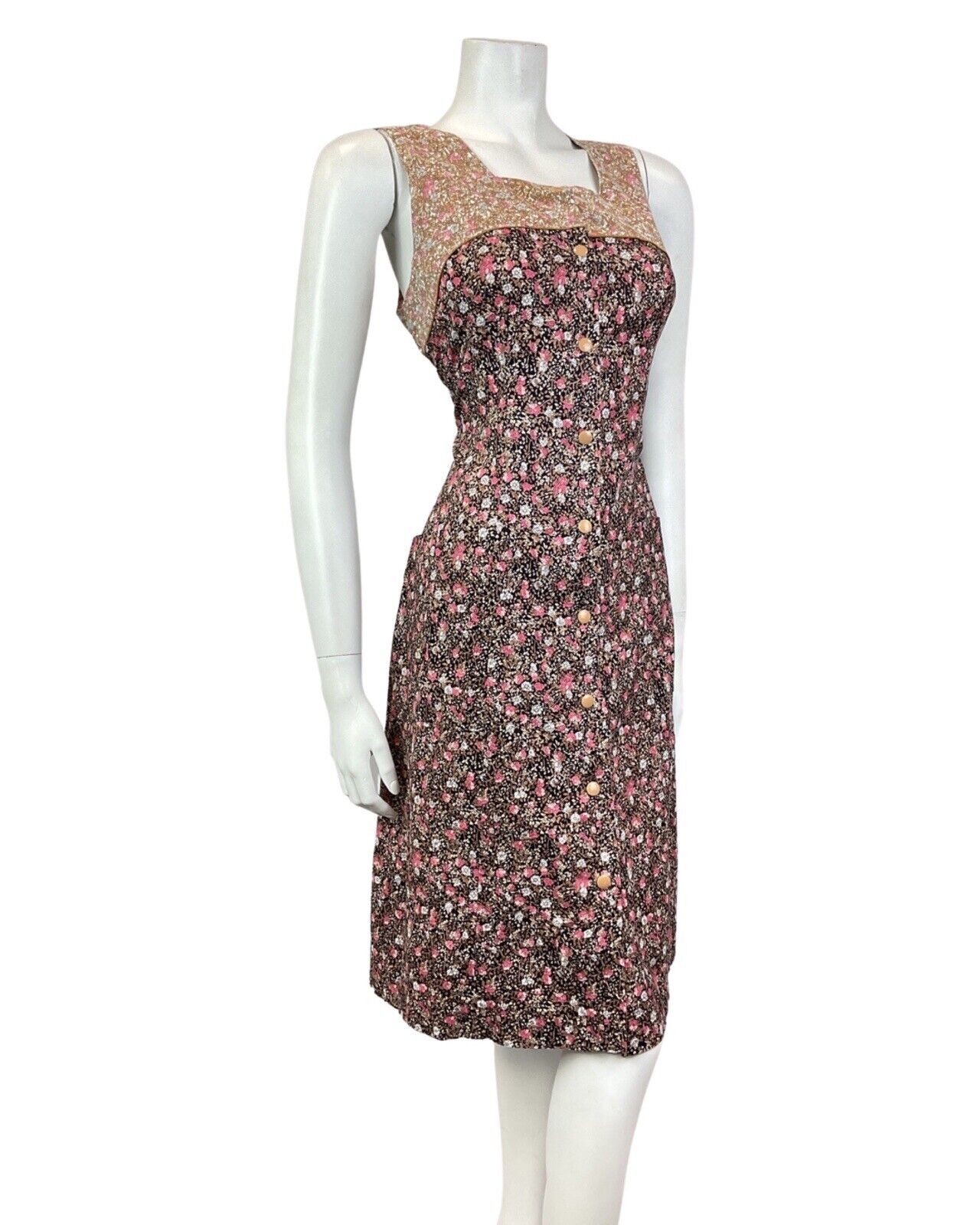 VINTAGE 60s 70s BLACK BROWN PINK DITSY FLOWER PINAFORE PINNY SUMMER DRESS 10 12