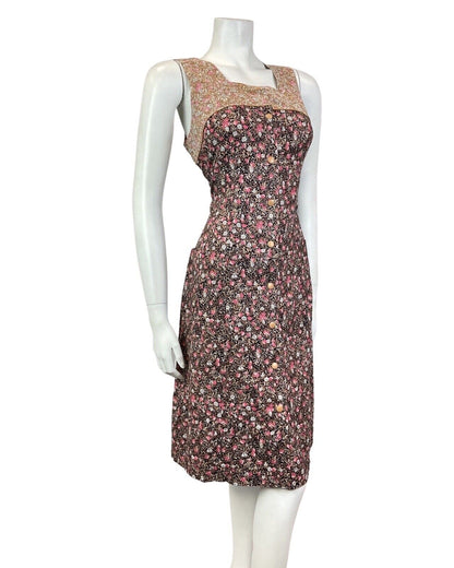 VINTAGE 60s 70s BLACK BROWN PINK DITSY FLOWER PINAFORE PINNY SUMMER DRESS 10 12