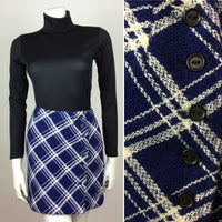 BLUE WHITE CHECK WOOL MINI SKIRT BUTTON FRONT 60S 70S TRUE VINTAGE SZ 8