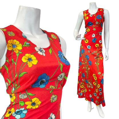 VINTAGE 60s 70s RED BLUE YELLOW FLORAL POPPY SLEEVELESS MOD MAXI DRESS 8