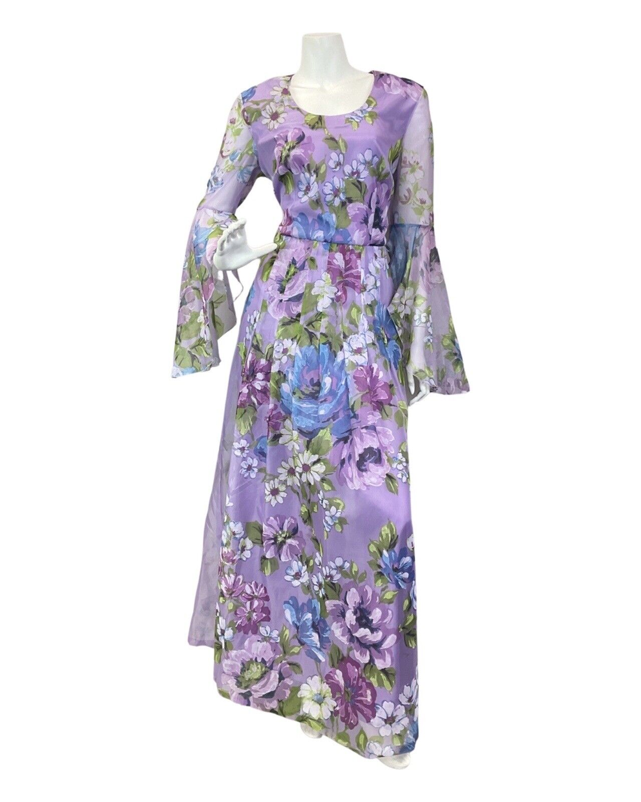 VINTAGE 60s 70s LILAC BLUE GREEN FLORAL SHEER FLOUNCE SLEEVE BOHO MAXI DRESS 12