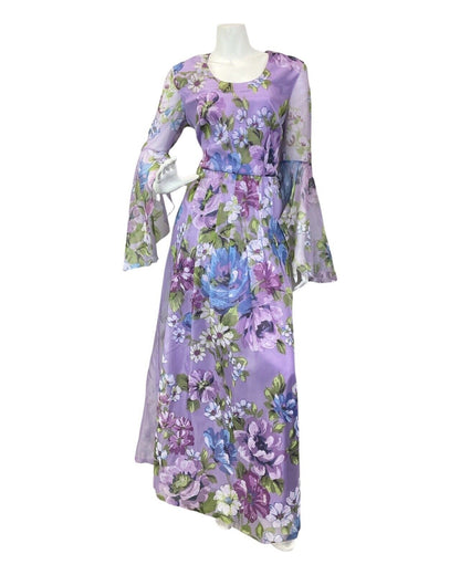 VINTAGE 60s 70s LILAC BLUE GREEN FLORAL SHEER FLOUNCE SLEEVE BOHO MAXI DRESS 12