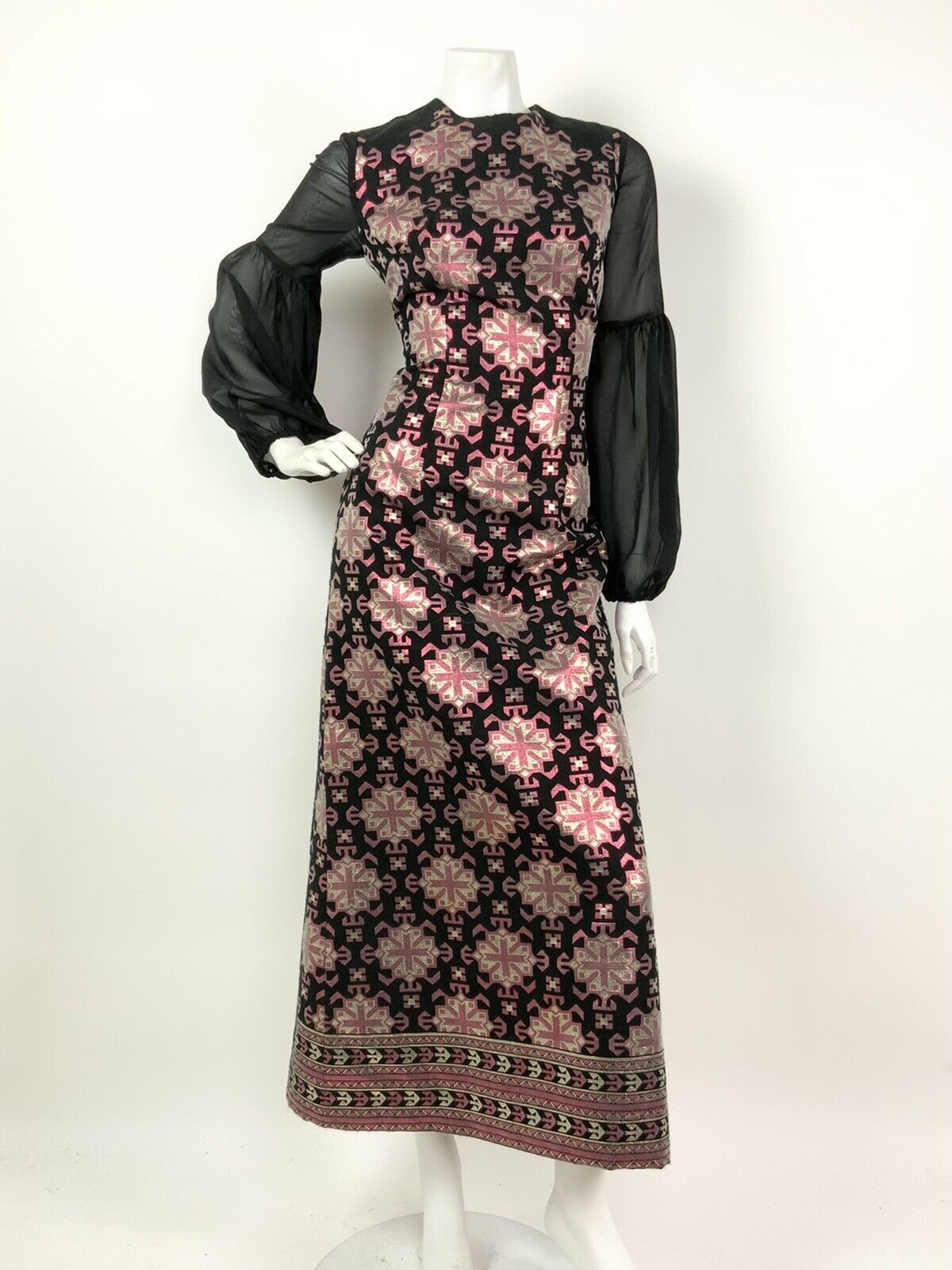 VTG 60s 70s BLACK METALLIC PINK GOLD AZTEC GEOMETRIC SHEER MAXI DRESS 10