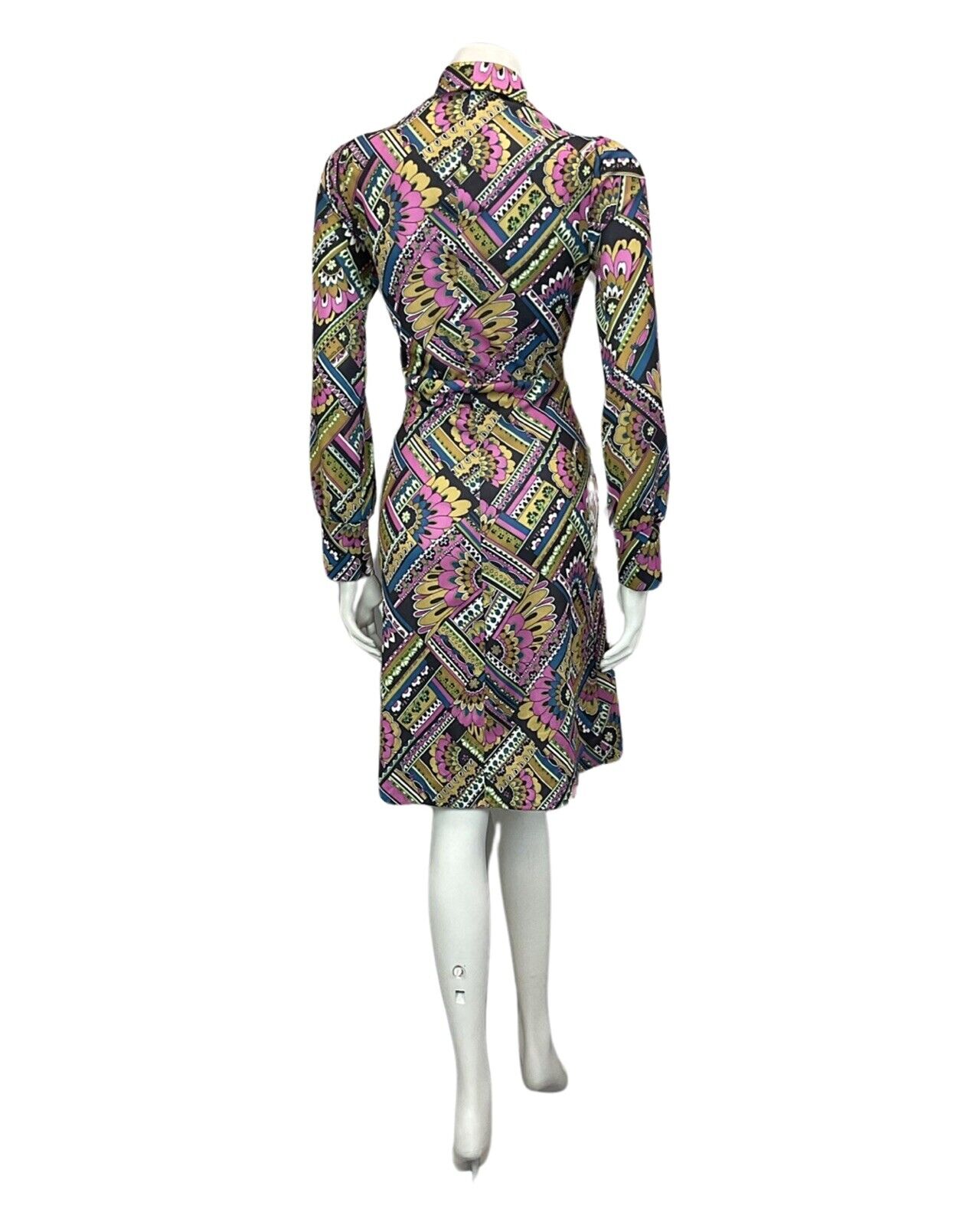 VINTAGE 60s 70s BLACK PURPLE BLUE GREEN PSYCHEDELIC MOD MIDI DRESS 8 10