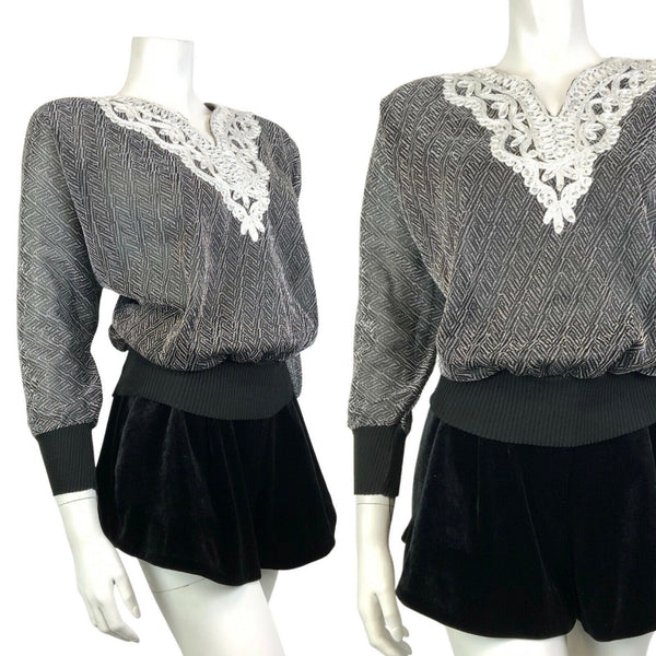 VINTAGE 70s 80s BLACK SILVER GEOMETRIC DISCO PARTY LUREX BATWING KNIT TOP 10 12