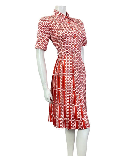 VINTAGE 60s 70s RED WHITE GEOMETRIC CHECKED MOD DAGGER COLLAR SHIRT DRESS 12 14