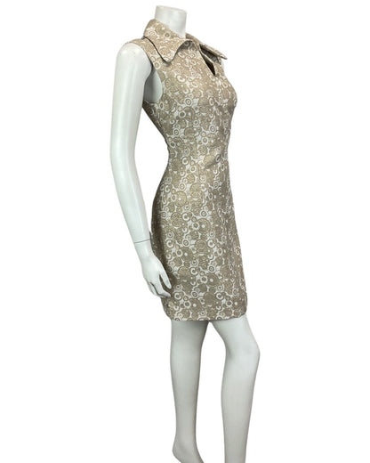 VTG 60s 70s GOLD BEIGE MOD DAGGAR COLLAR MINI PARTY CHRISTMAS EVENING DRESS 14