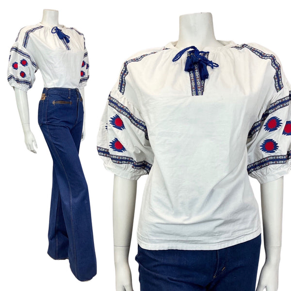 VINTAGE 70s STYLE WHITE BLUE RED EMBROIDERED BOHO FOLK BLOUSE 14