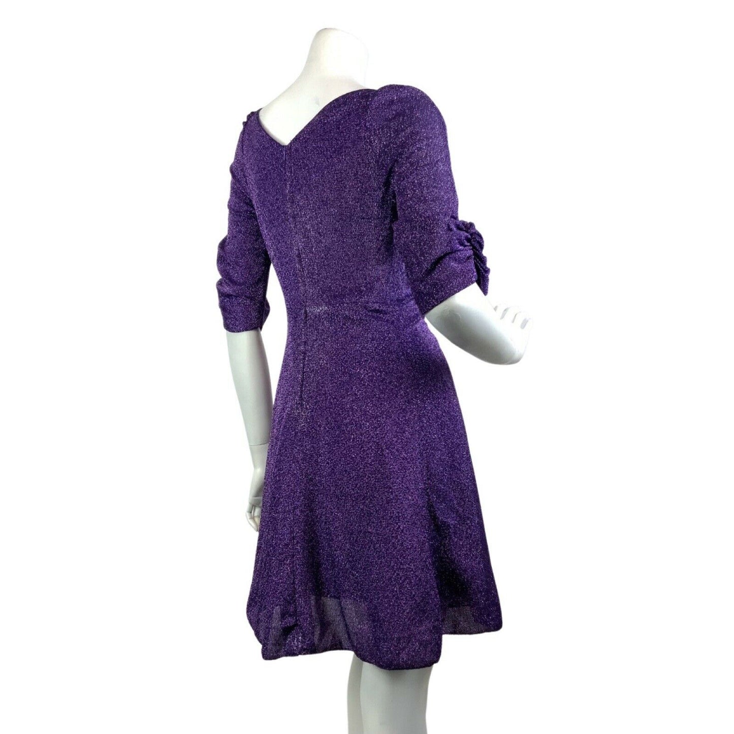 VINTAGE 60s 70s VIOLET PURPLE SPARKLY LUREX PUFF SLEEVE DISCO PARTY DRESS 8