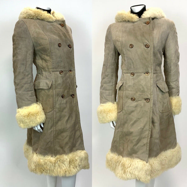 VTG 60s 70s SAND BEIGE CREAM SUEDE SHEARLING DOUBLE-BREASTED MOD HOODED COAT 12