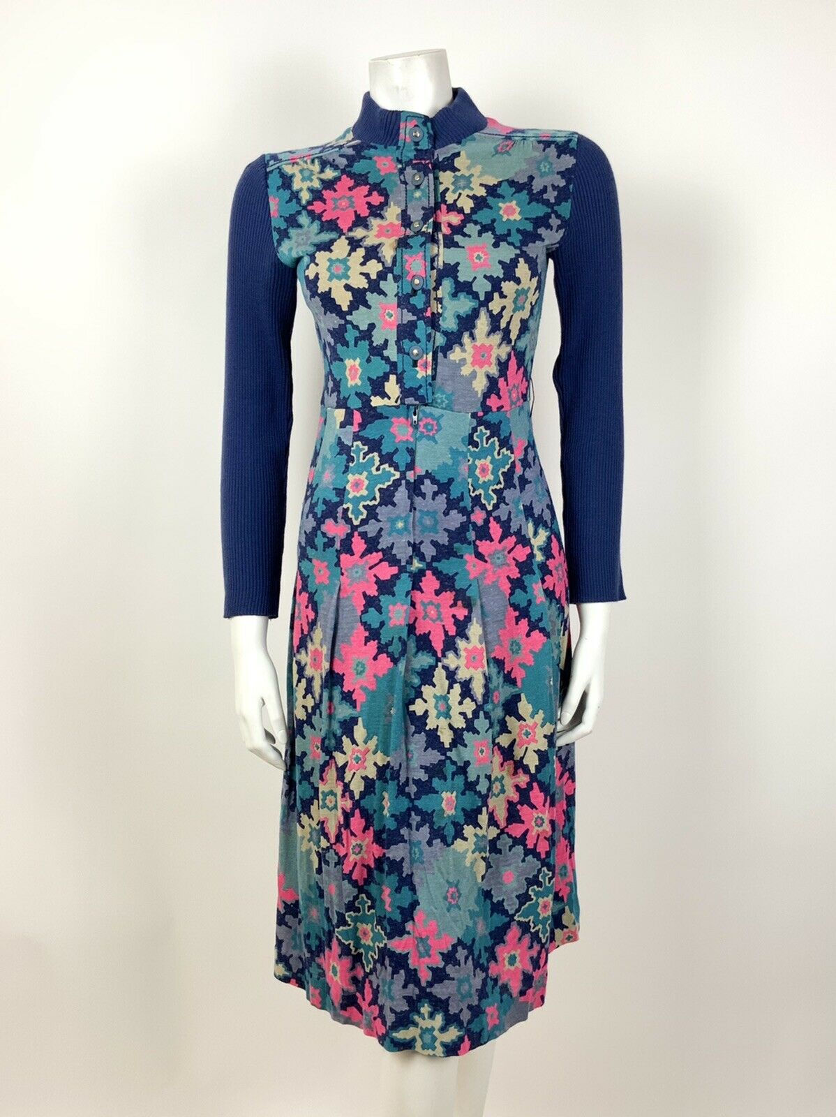 VINTAGE 60s 70s BLUE PINK CREAM FLORAL GEOMETRIC PSYCHEDELIC TILED DRESS 8 10