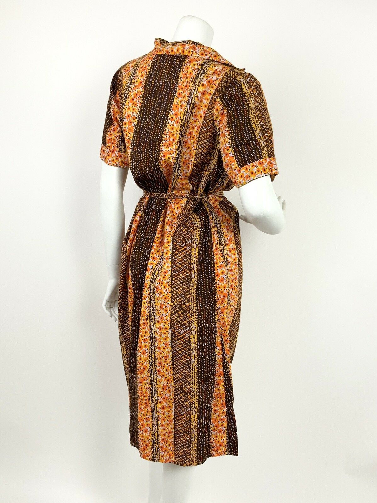 VINTAGE 60s 70s BROWN YELLOW ORANGE LILAC ABSTRACT STRIPED SHIRT DRESS 10 12 14