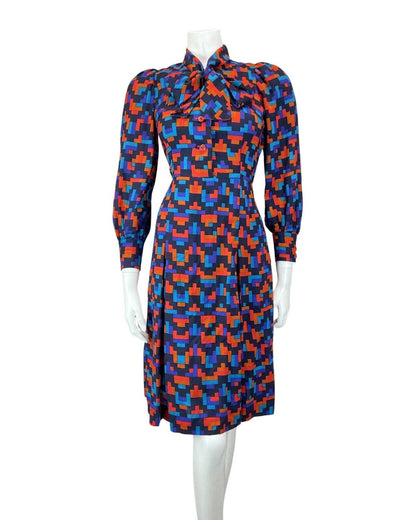 VINTAGE 60s 70s BLUE RED ORANGE GEOMETRIC PIXEL ZIG-ZAG PUSSYBOW MOD DRESS 8