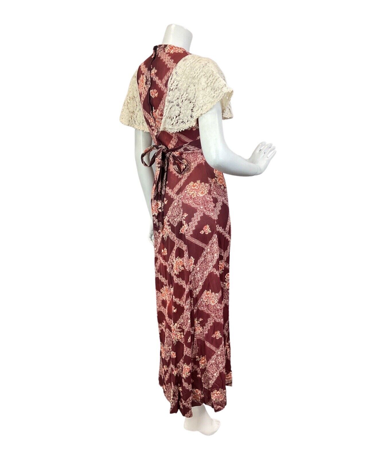 VINTAGE 60s 70s WINE RED CREAM CROCHETED FLORAL MANDALA BOHO MAXI DRESS 8