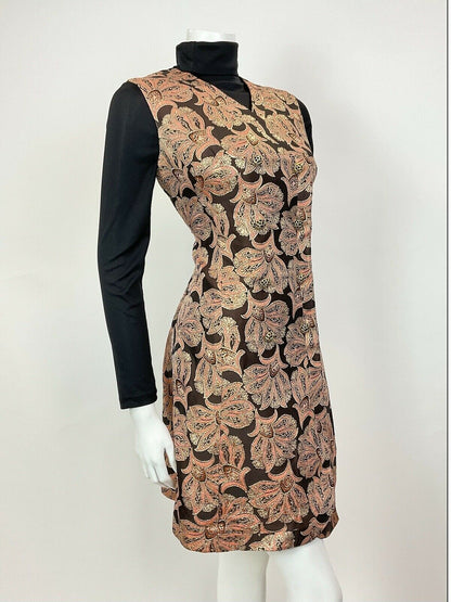 VTG 60s 70s ORANGE GOLD BLACK FLORAL BAROQUE PARTY GLAM WAISTCOAT DRESS 10 12