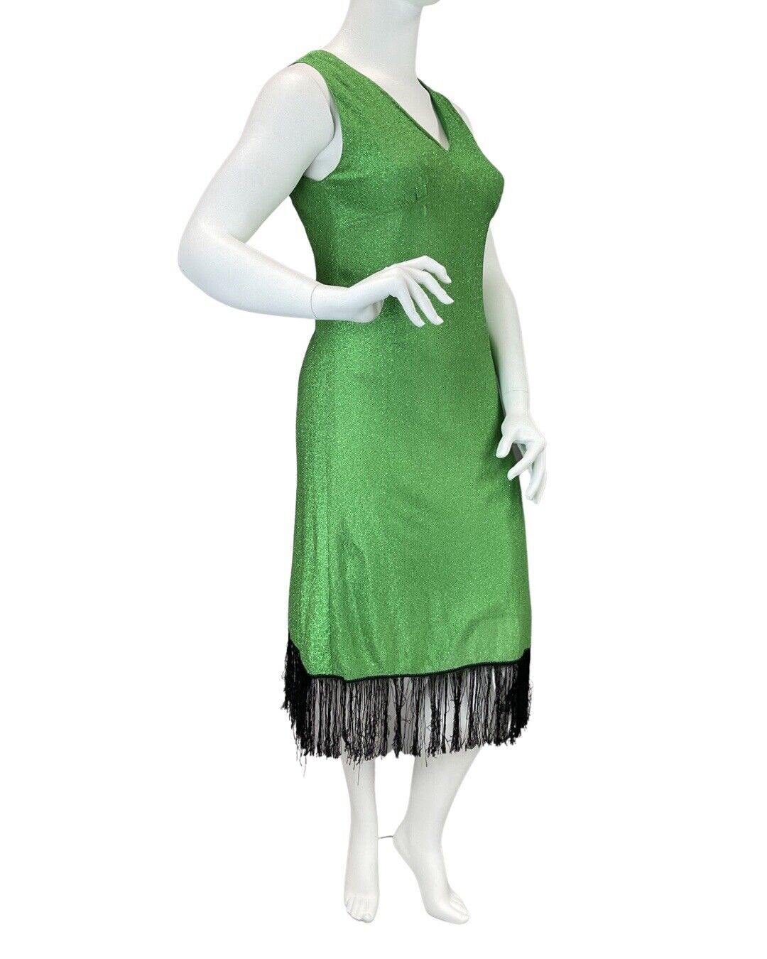 VINTAGE 60s 70s GREEN METALLIC LUREX FRINGED STUDIO 54 DISCO PARTY DRESS 14 16