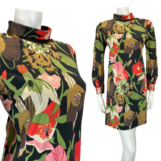 VINTAGE 60s BLACK GREEN PIERRE CARDIN FOR TAKASHIMAYA FLORAL SHIFT DRESS 10 12